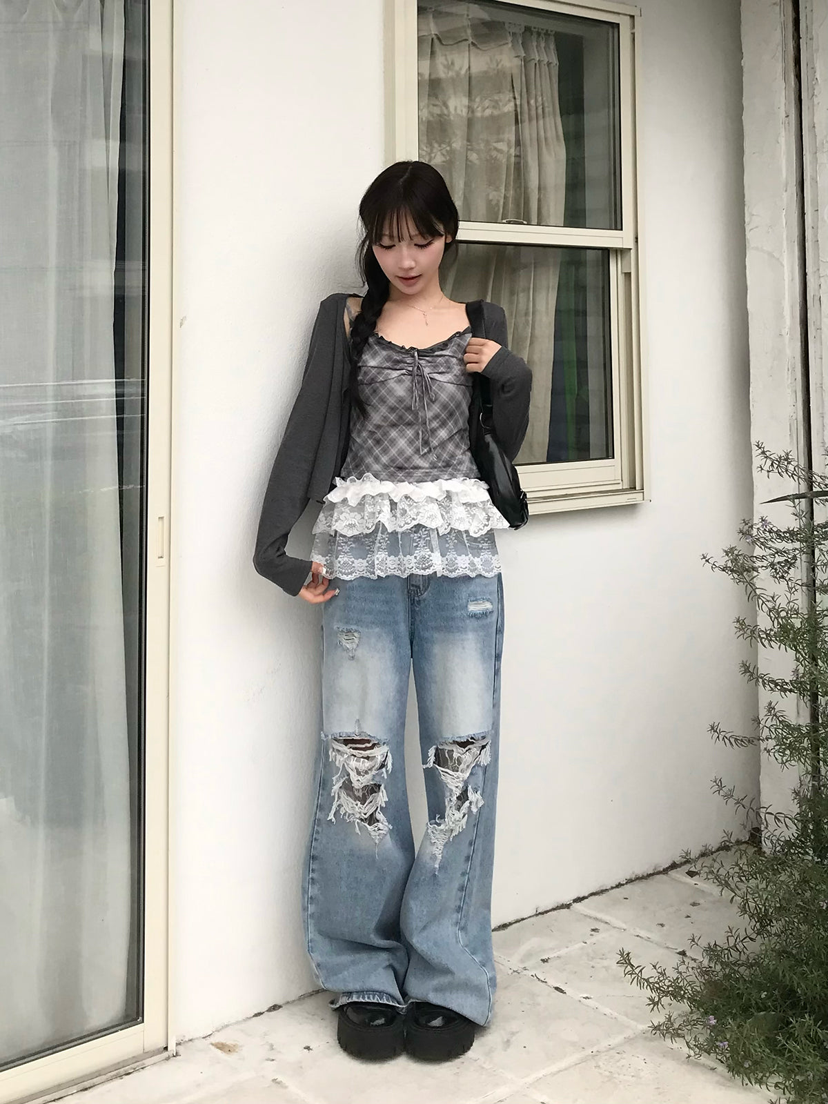 チェックシアーリボンカーディガン×キャミ チェックシアーリボンカーディガン×キャミ ブラック cocodeal - メルカリ