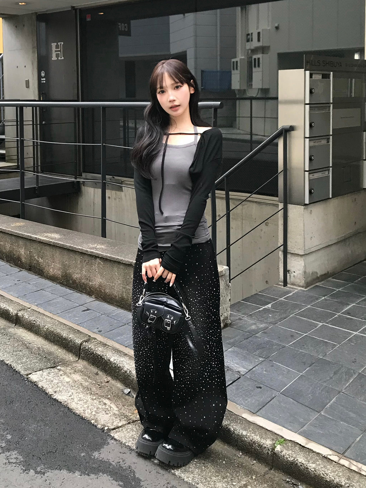 웨스트 스트링 라인스톤 와이드 데님 팬츠