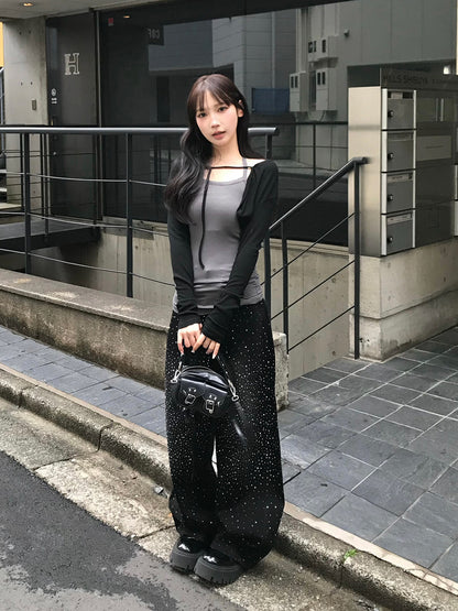 웨스트 스트링 라인스톤 와이드 데님 팬츠