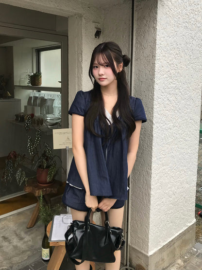 デニムデザインフレアリボンセットアップ