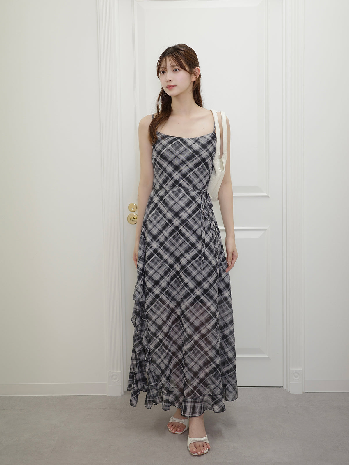 サイドカットシアーチェックロングワンピース