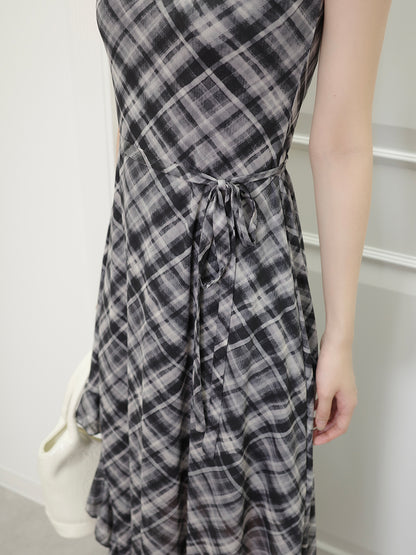 サイドカットシアーチェックロングワンピース