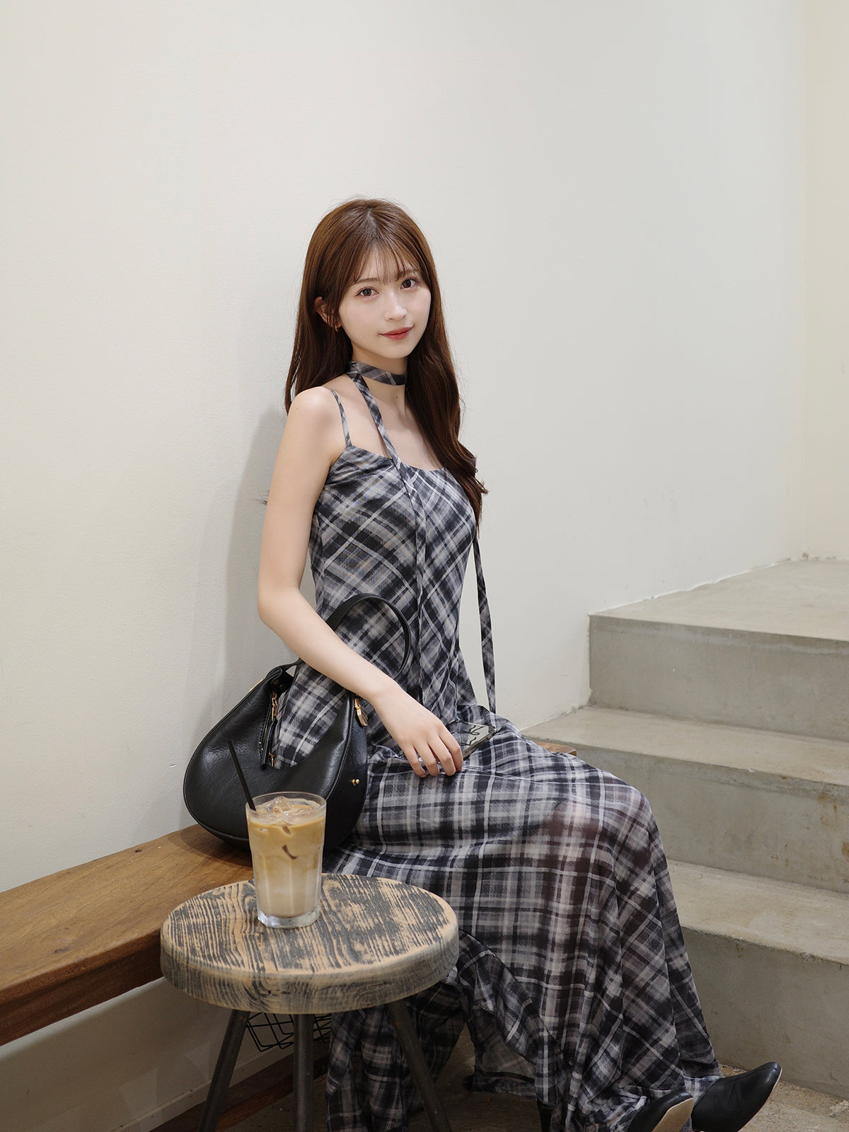 サイドカットシアーチェックロングワンピース