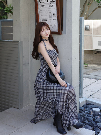 サイドカットシアーチェックロングワンピース