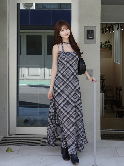 サイドカットシアーチェックロングワンピース