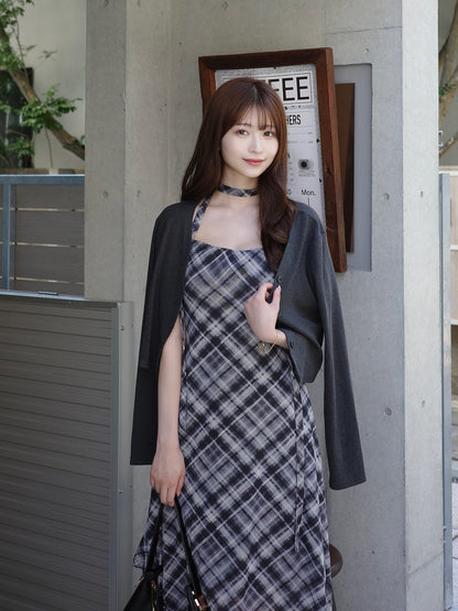 サイドカットシアーチェックロングワンピース