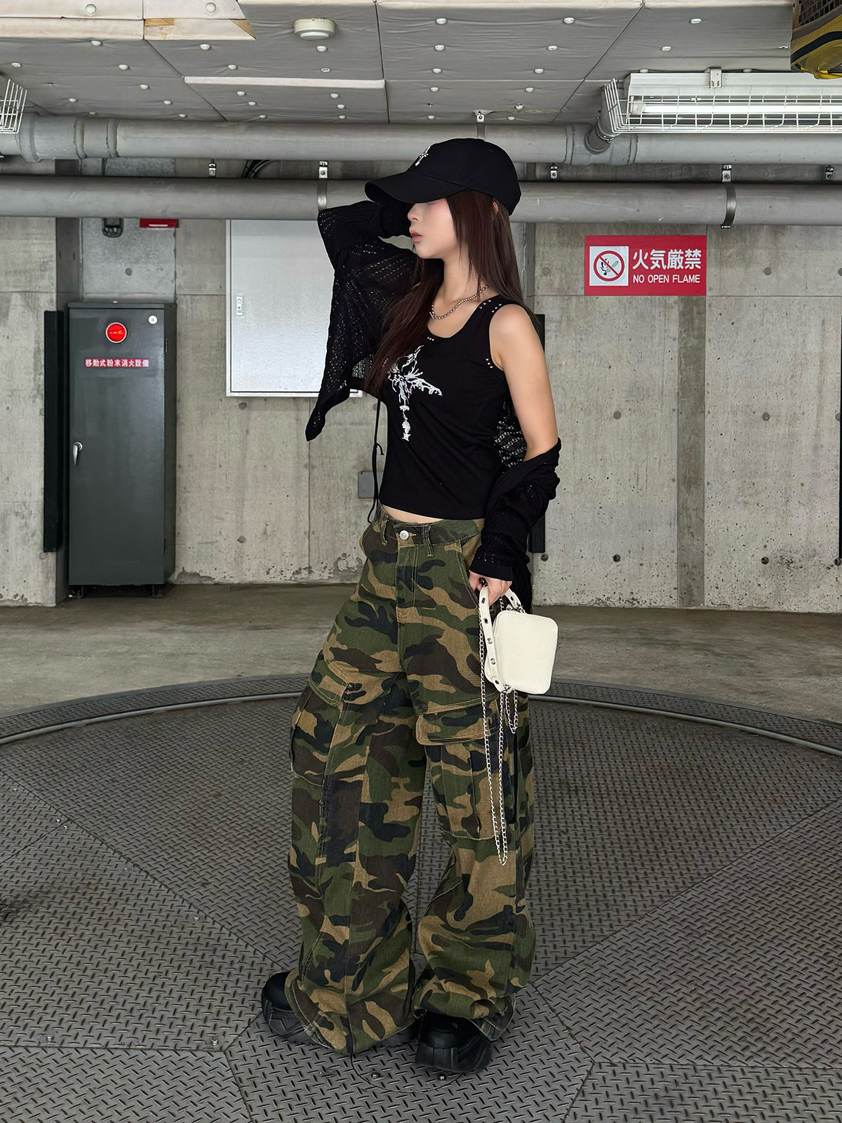 軍風口袋迷彩牛仔褲