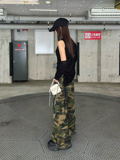 軍風口袋迷彩牛仔褲