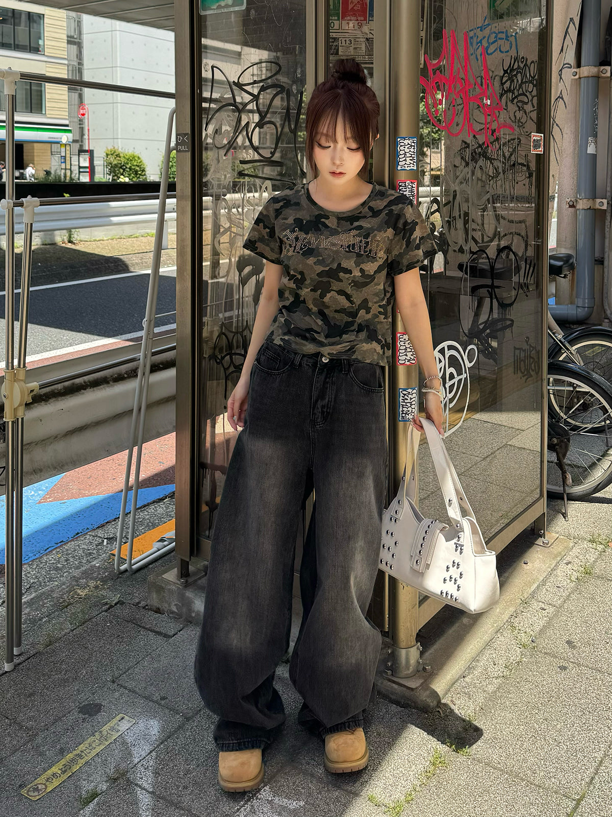 ラインストーンロゴカモフラTシャツ