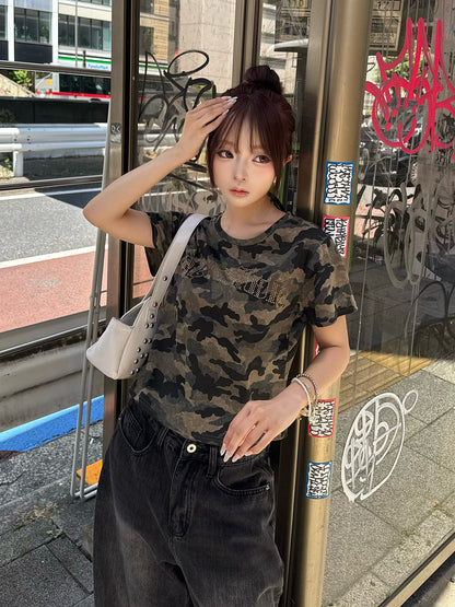 ラインストーンロゴカモフラTシャツ