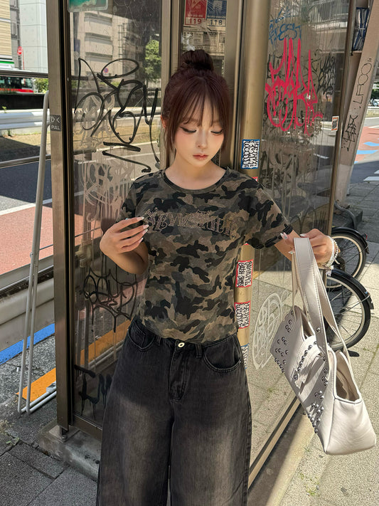 ラインストーンロゴカモフラTシャツ