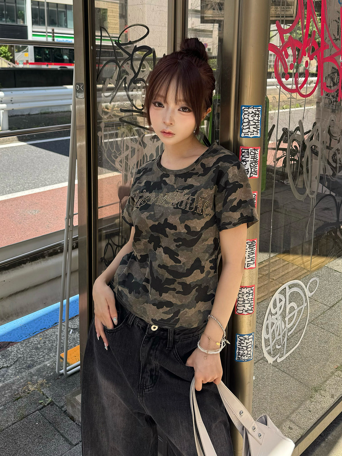 ラインストーンロゴカモフラTシャツ