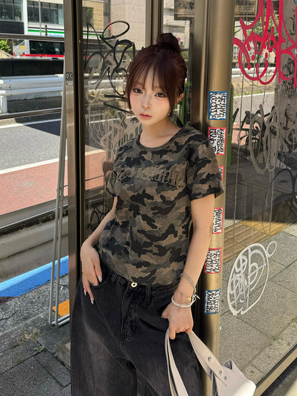 ラインストーンロゴカモフラTシャツ