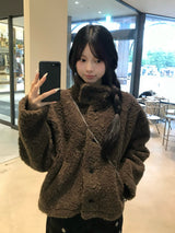 ハイネックボタンボアコート - ブラウン