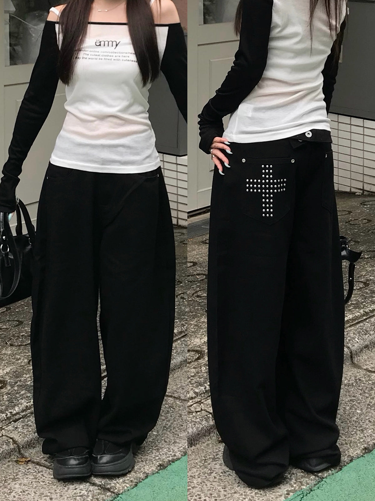 クロススタッズブラックデニムパンツ