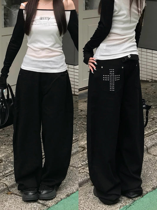 クロススタッズブラックデニムパンツ
