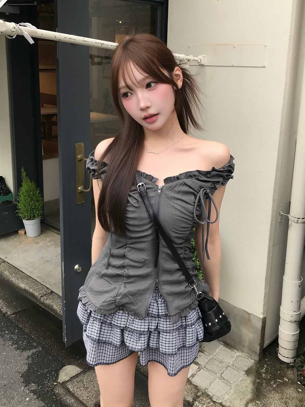 フリルギャザーダブルジップカットソー