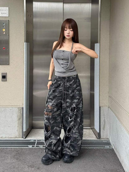 カモフラージュダメージワイドドロストパンツ