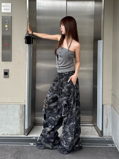 カモフラージュダメージワイドドロストパンツ