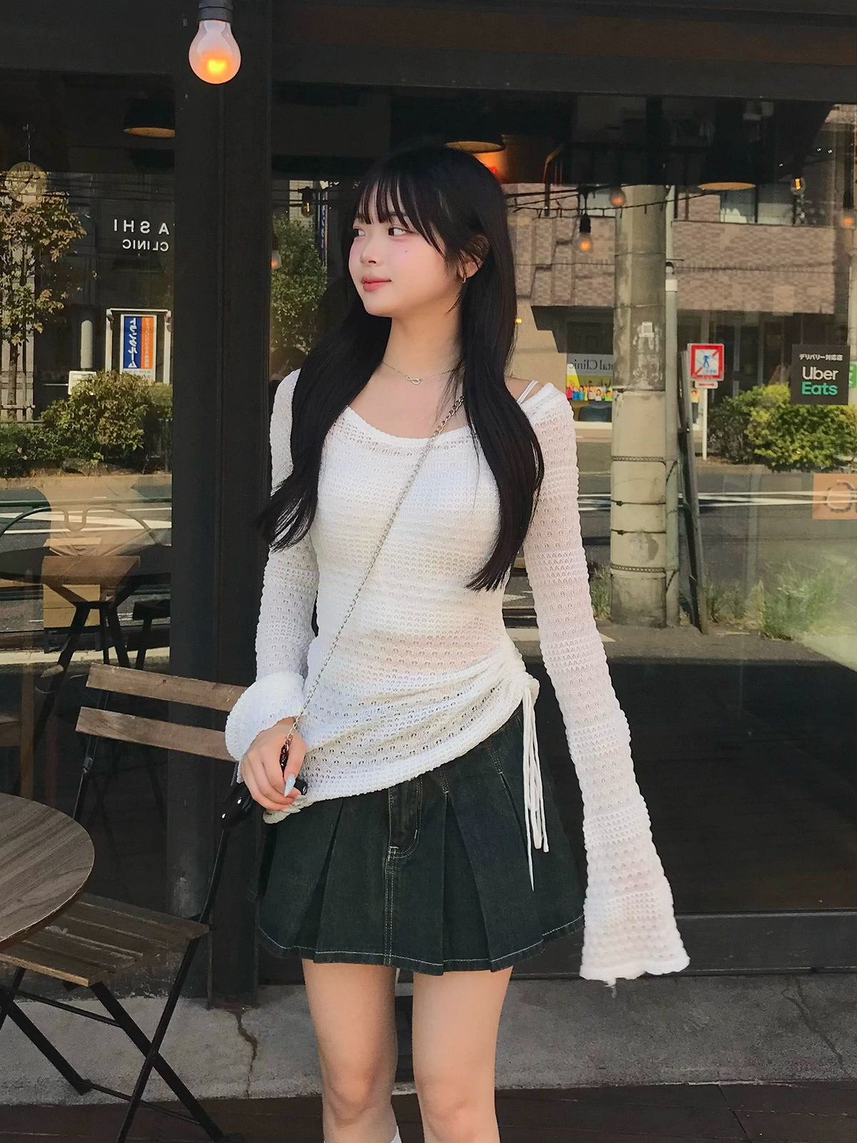 フレアスリーブメッシュニット