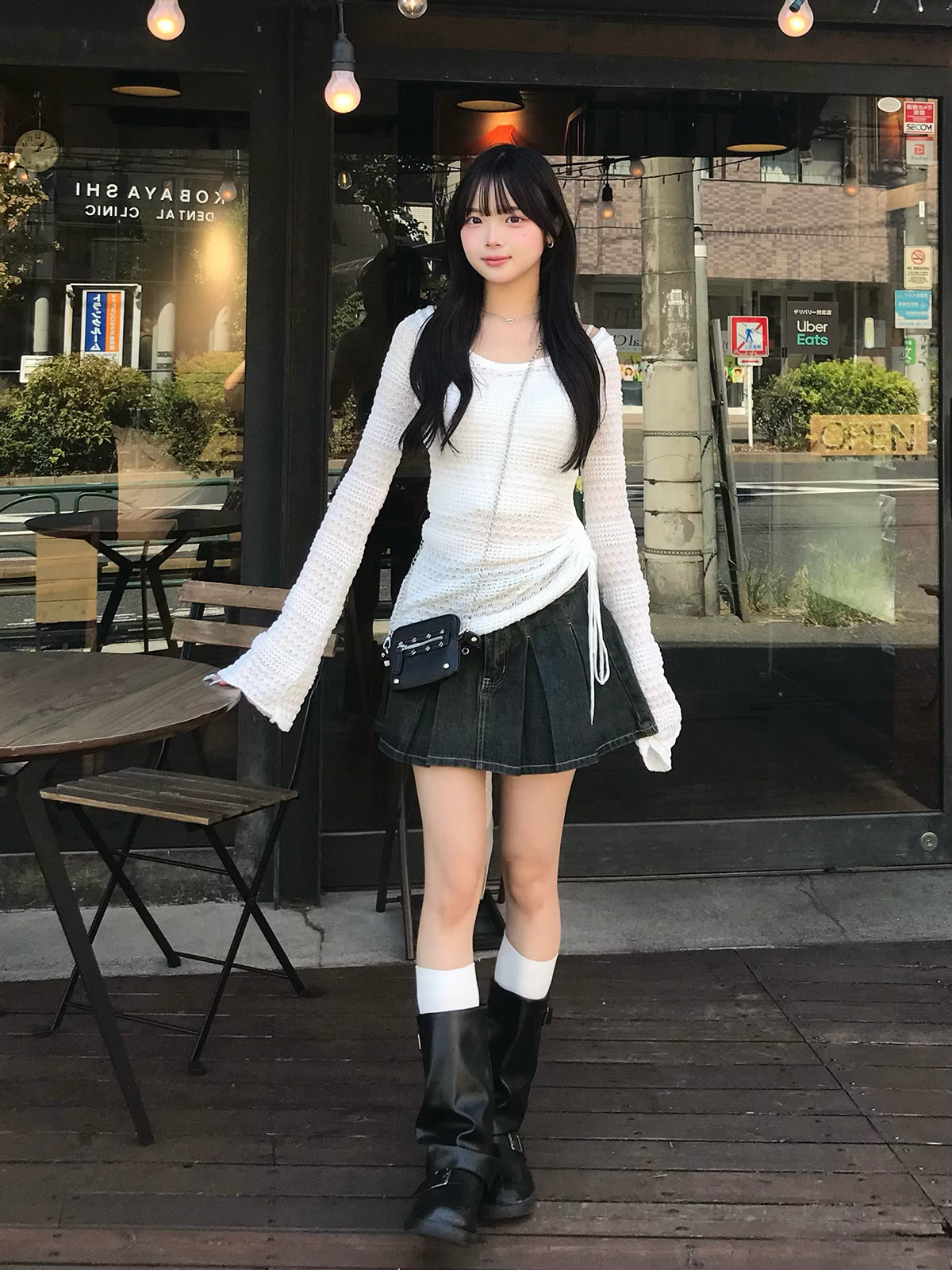 フレアスリーブメッシュニット