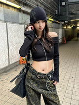 クロップドオフショルリブカットソー - ブラック