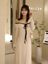 メッシュワッフルオフショルリボンワンピース - ホワイト