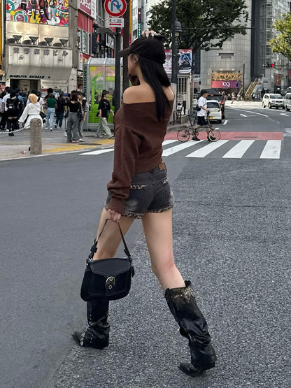 オフショルダブルジップニット