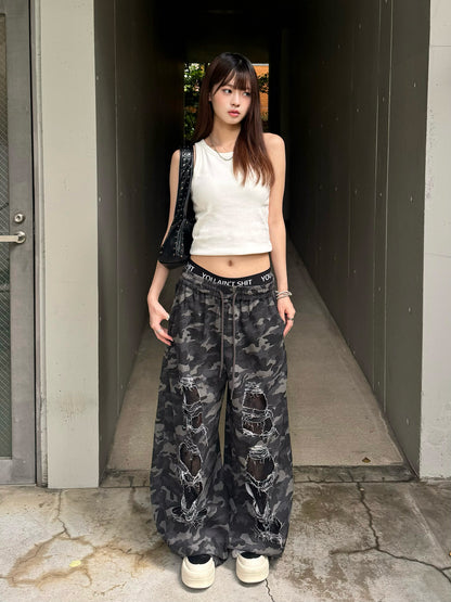 カモフラージュダメージワイドドロストパンツ