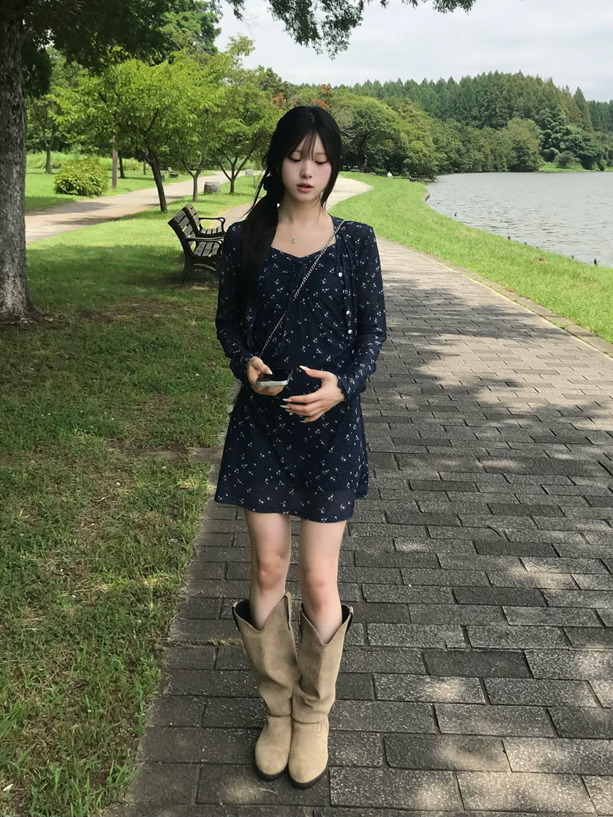 シアーフラワーカーディガンキャミワンピースセット