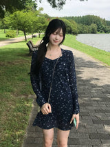 シアーフラワーカーディガンキャミワンピースセット - ネイビー