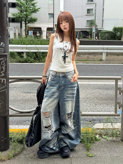 ウォッシュダメージカーブワイドデニムパンツ