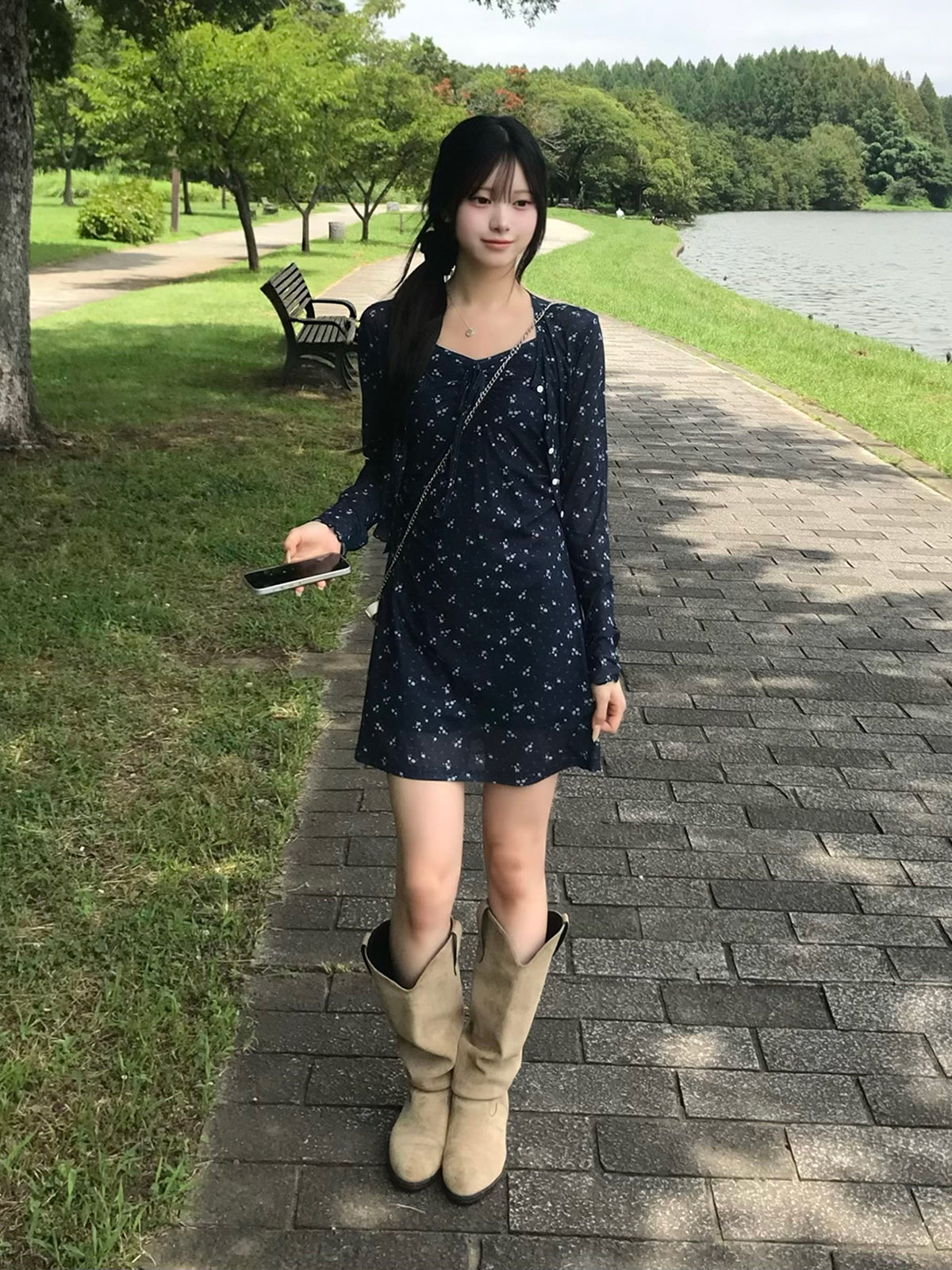シアーフラワーカーディガンキャミワンピースセット