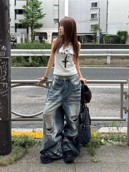 ウォッシュダメージカーブワイドデニムパンツ