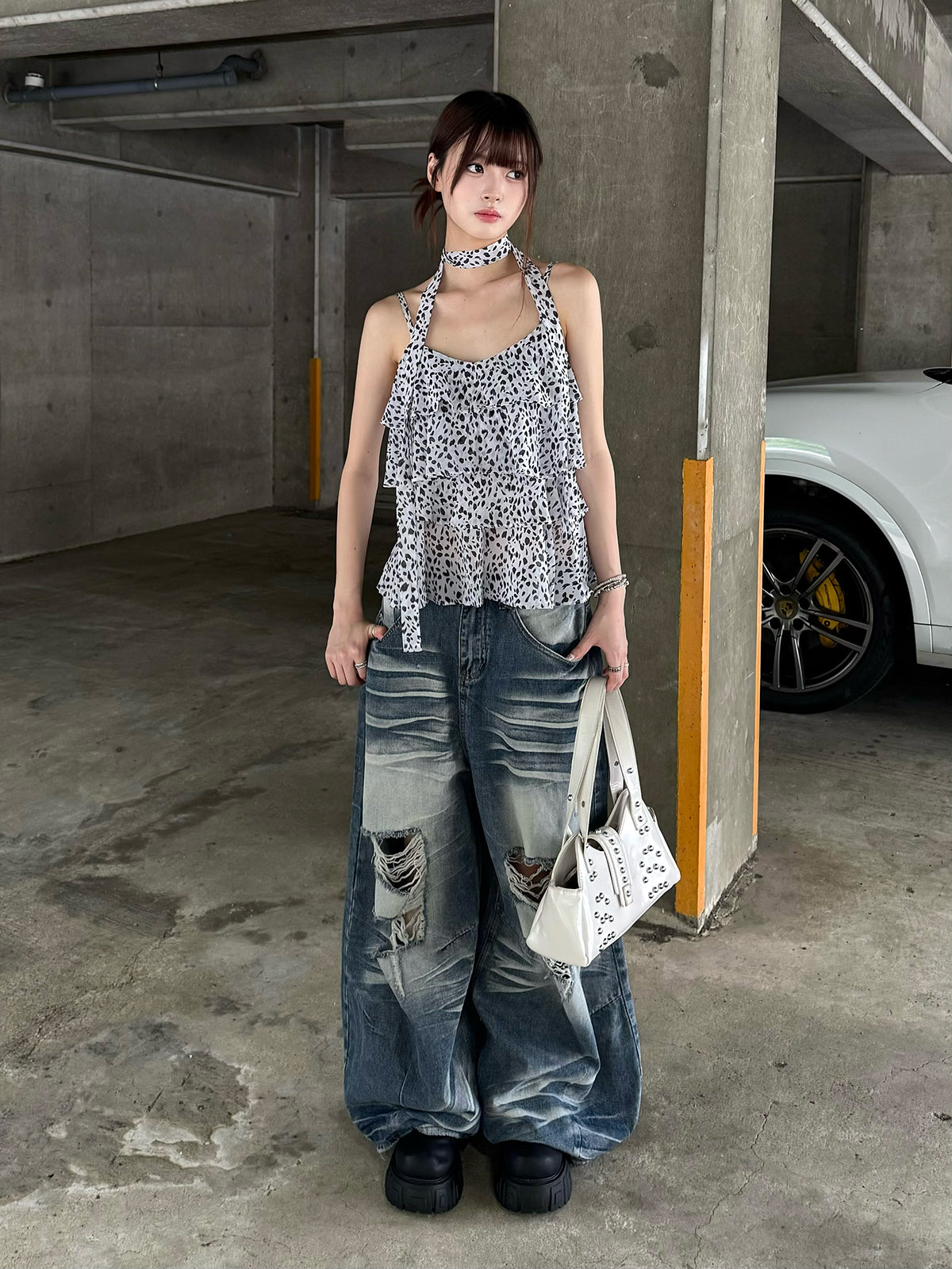 ウォッシュダメージカーブワイドデニムパンツ