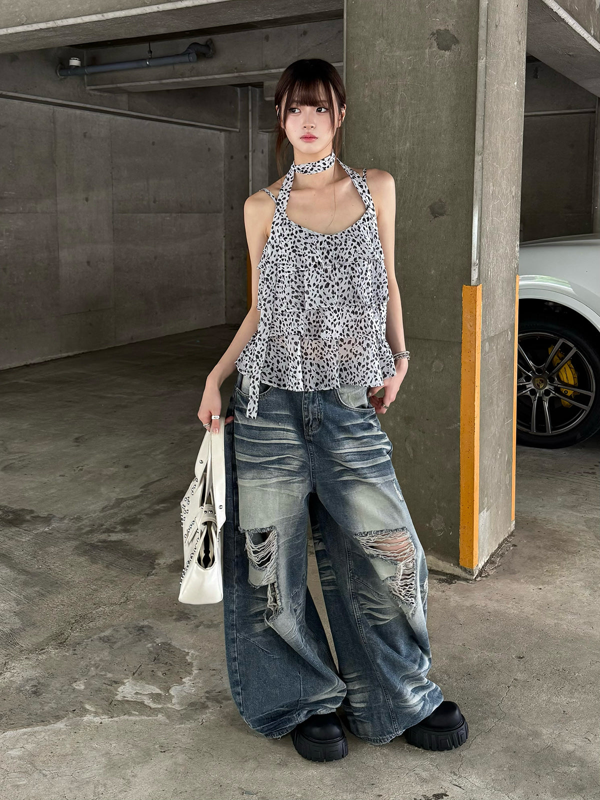 ウォッシュダメージカーブワイドデニムパンツ