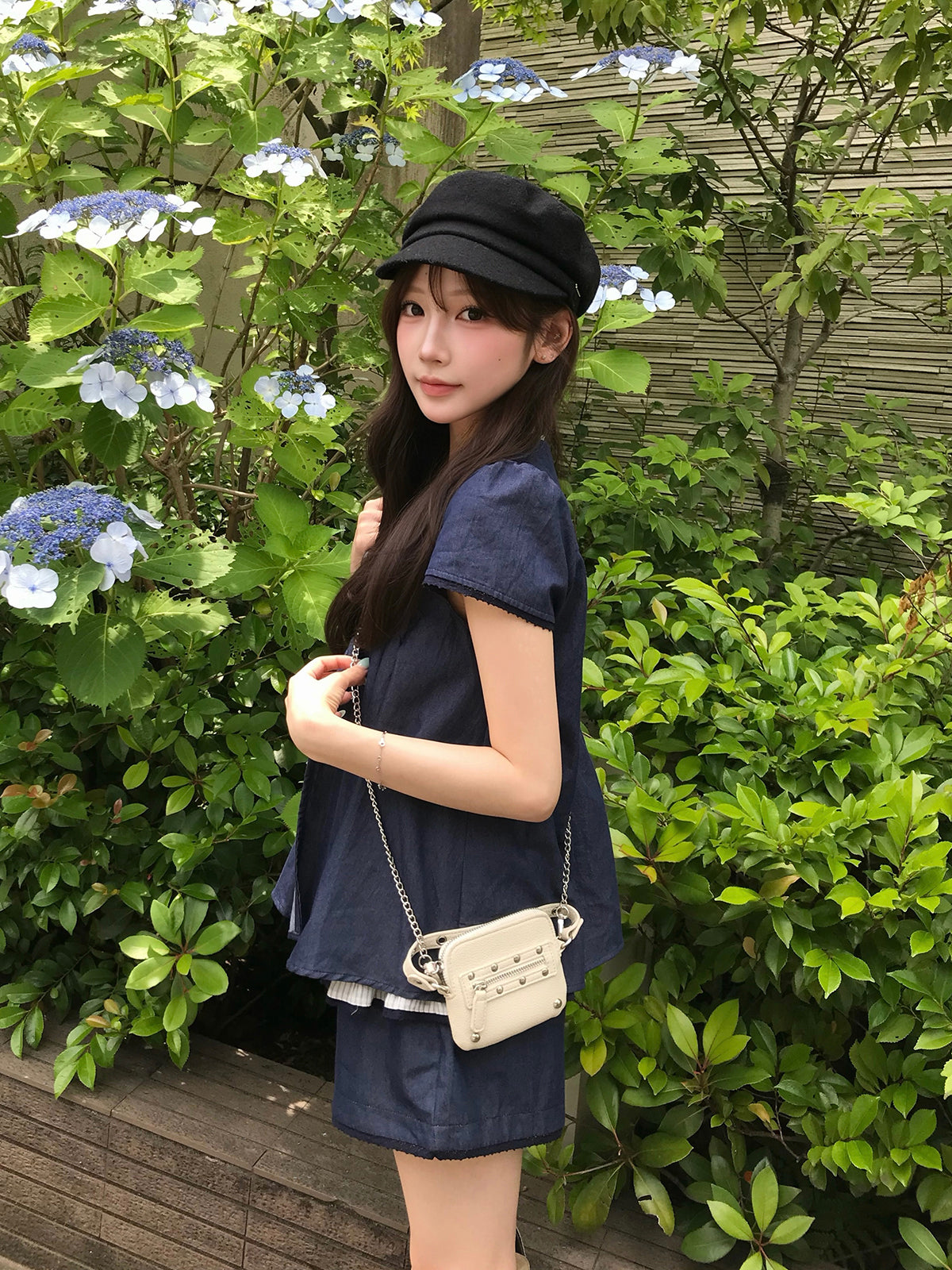 デニムデザインフレアリボンセットアップ
