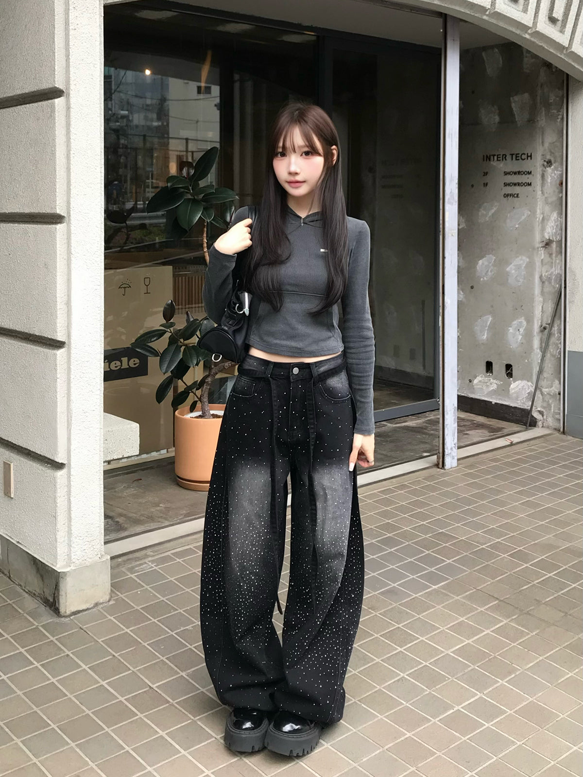ウエストコードラインストーンワイドデニムパンツ