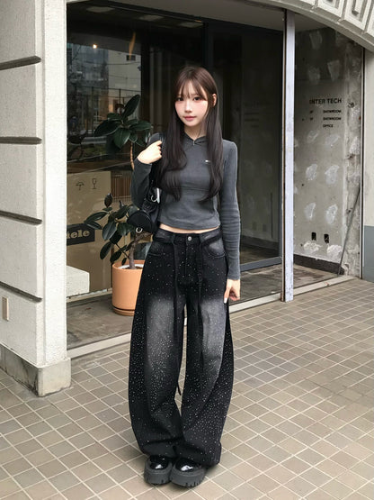 ウエストコードラインストーンワイドデニムパンツ
