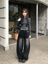 ウエストコードラインストーンワイドデニムパンツ - ブラック