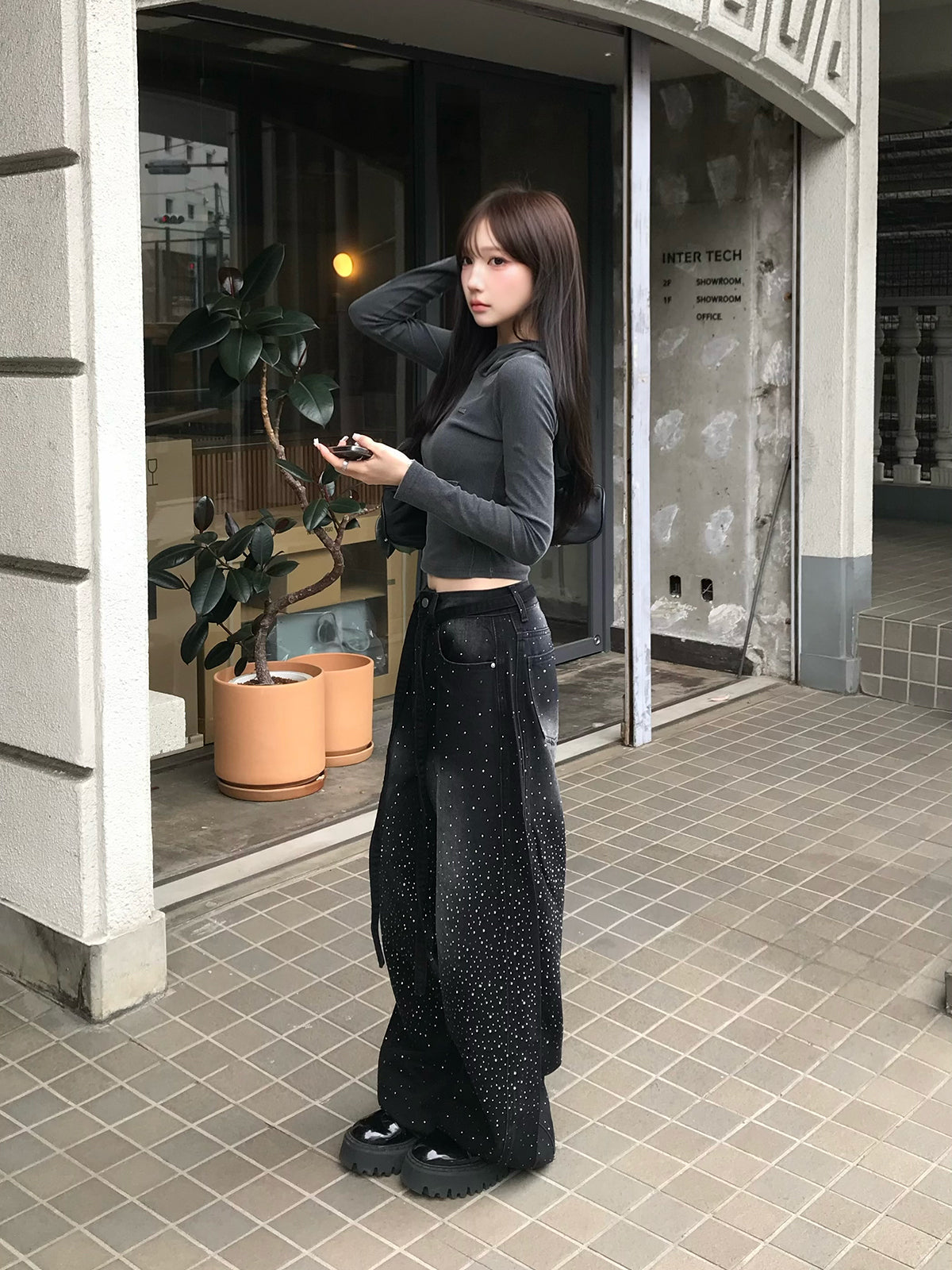 ウエストコードラインストーンワイドデニムパンツ