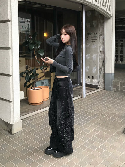 ウエストコードラインストーンワイドデニムパンツ