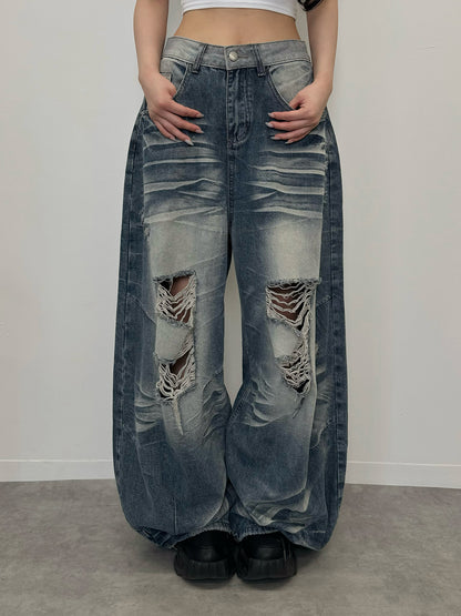ウォッシュダメージカーブワイドデニムパンツ