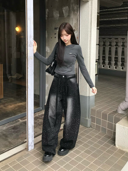 ウエストコードラインストーンワイドデニムパンツ