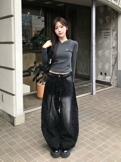 ウエストコードラインストーンワイドデニムパンツ