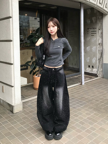 ウエストコードラインストーンワイドデニムパンツ