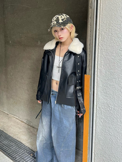 ファーライクカラーレザータッチジャケット