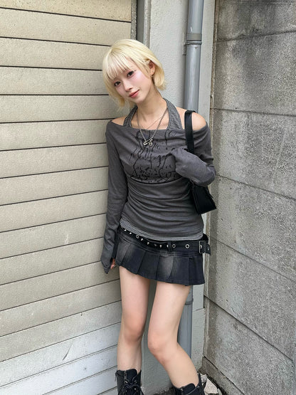 ホルターネックボーダードッキングカットソー