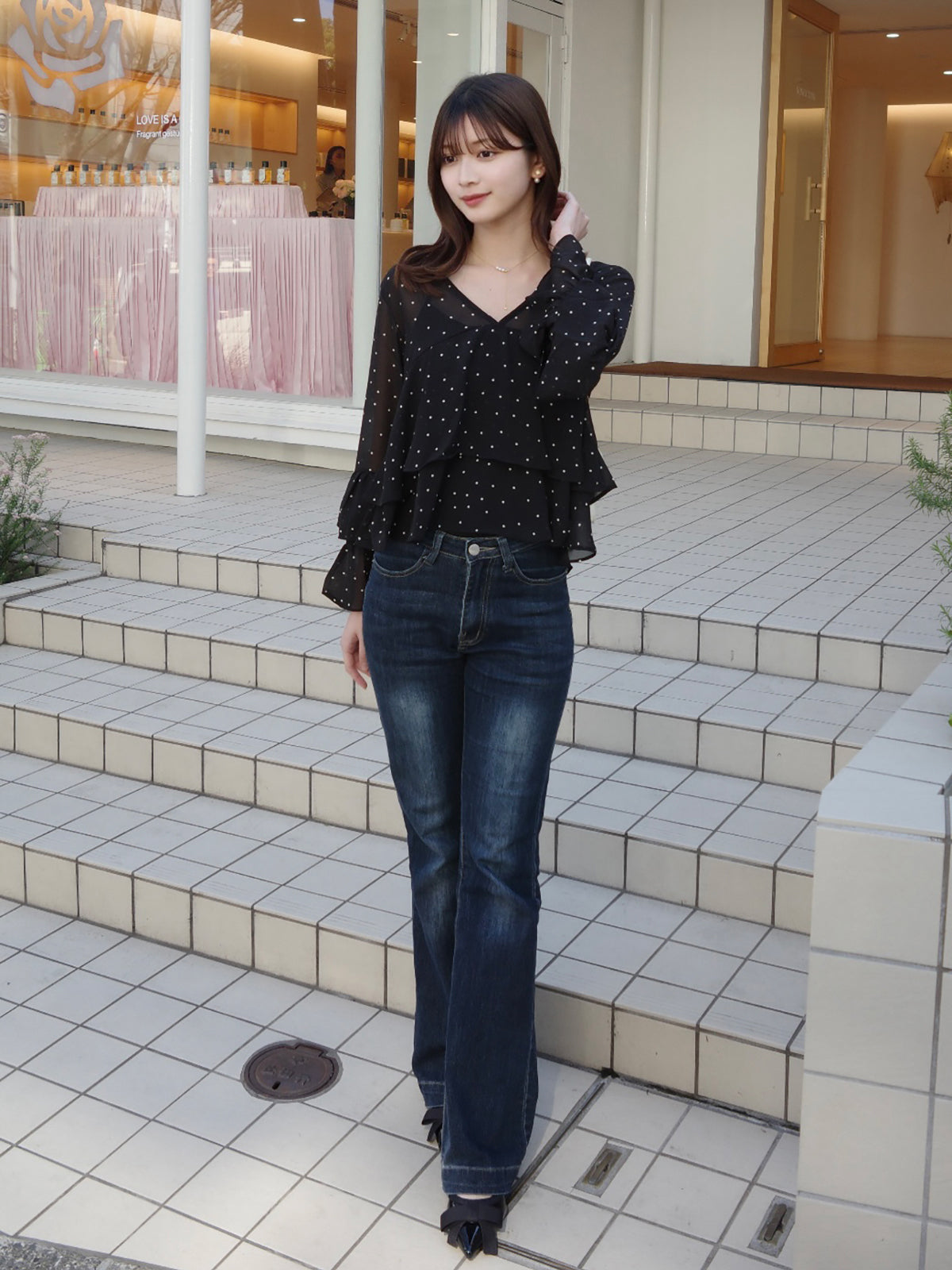 シアーフリルドットブラウス