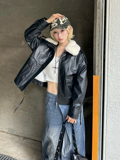 ファーライクカラーレザータッチジャケット